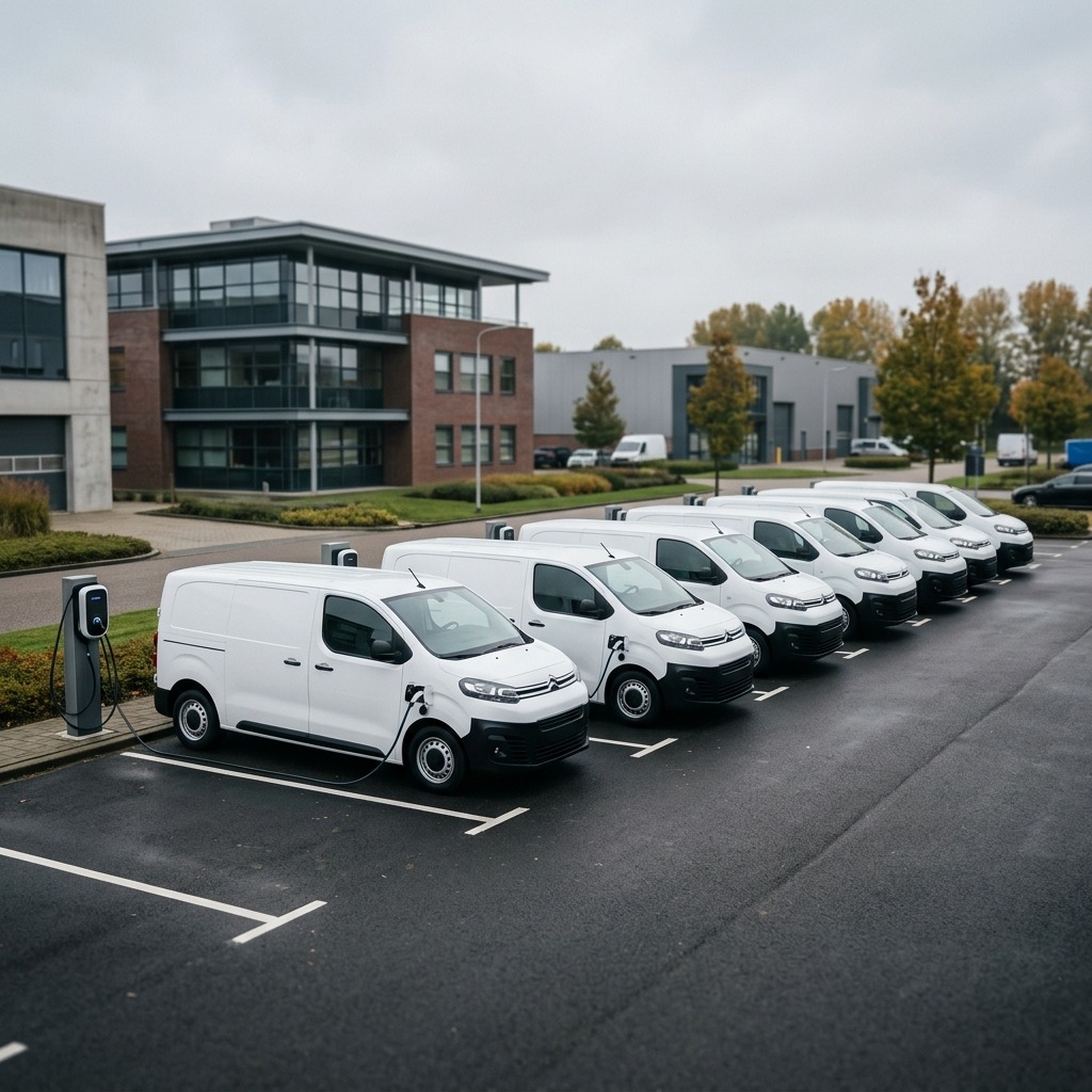 A fleet of white electric delivery vans charging at a Dutch business park