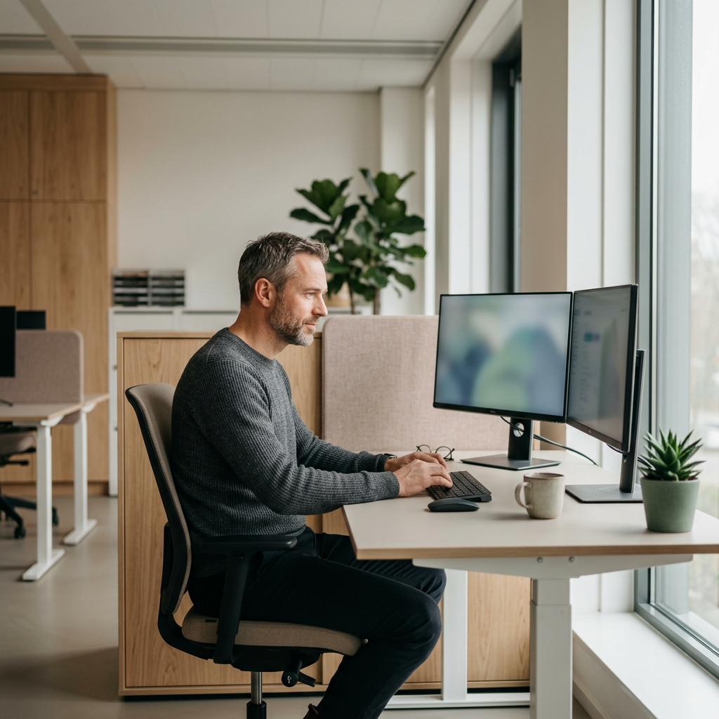 A fleet underwriter working at a desk in a calm Dutch office